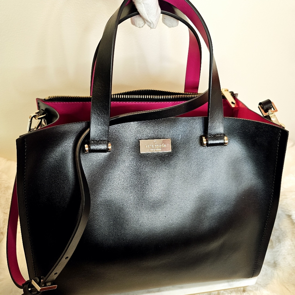 kate spade new york Kyra Smooth Leather Satchel Tote Black Hot Pink